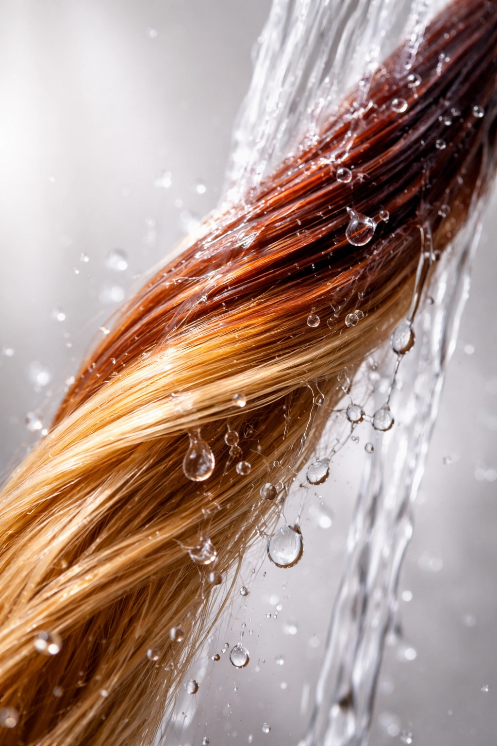 Hair strand under water illustrates myths about post-color washing