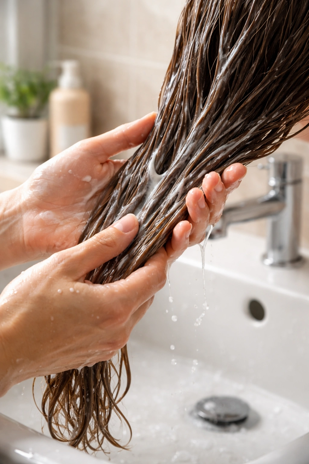 Hands applying conditioner to wet hair during post-removal routine