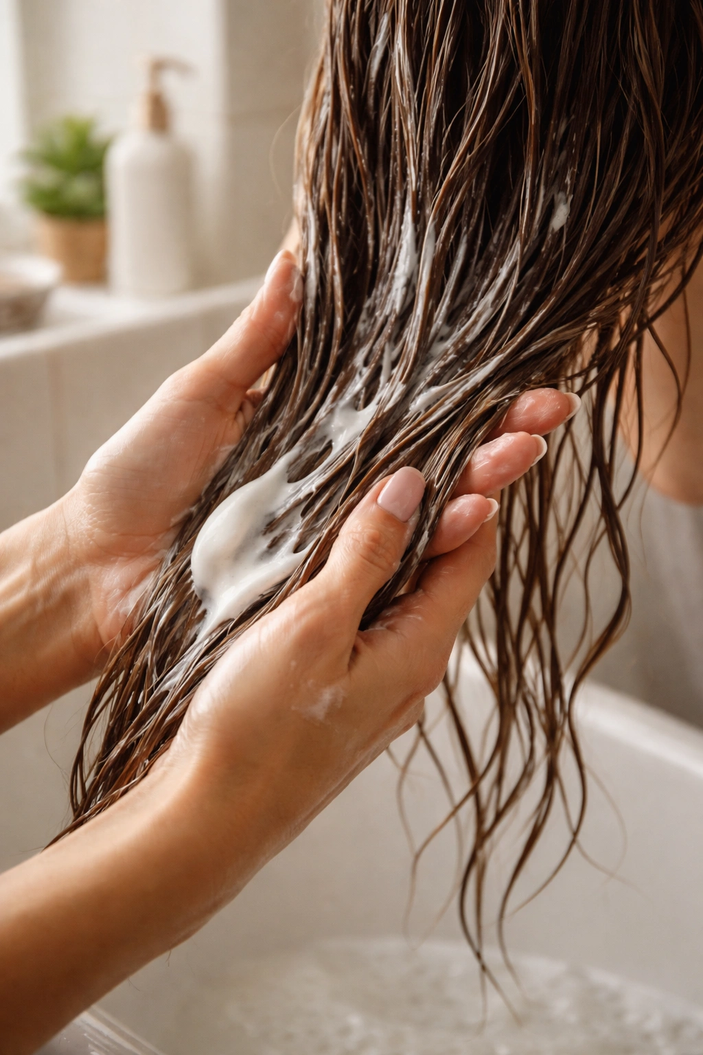 Close-up of hands applying conditioner to damp hair after tape-in removal in a bathroom