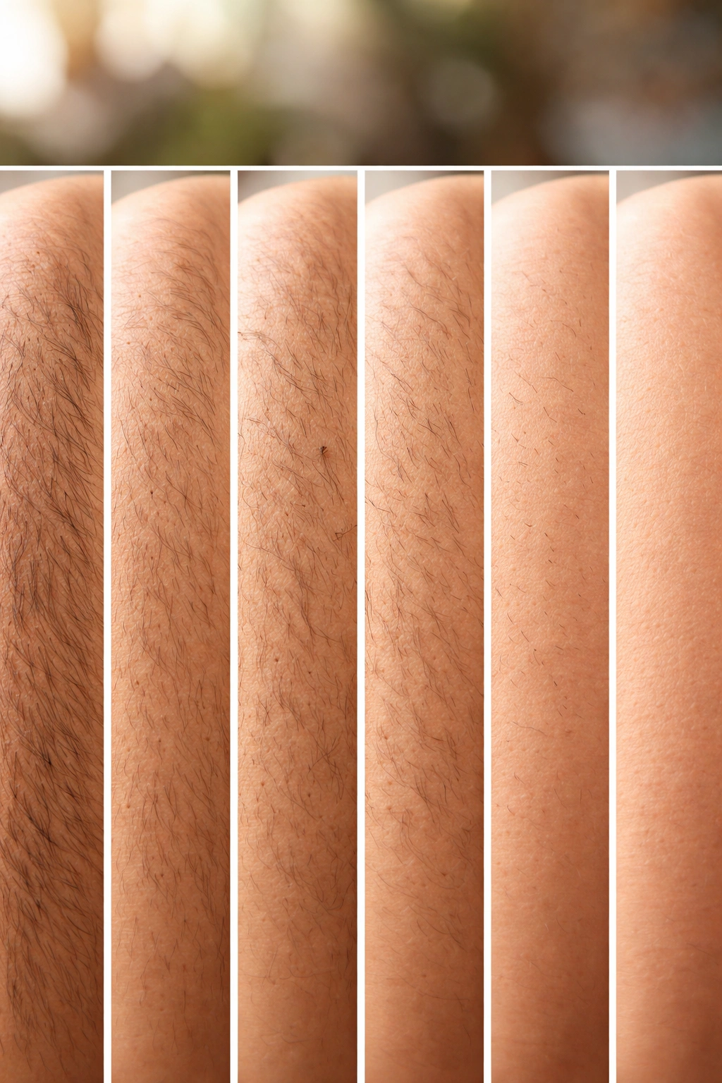 Forearm with six skin patches showing decreasing hair density