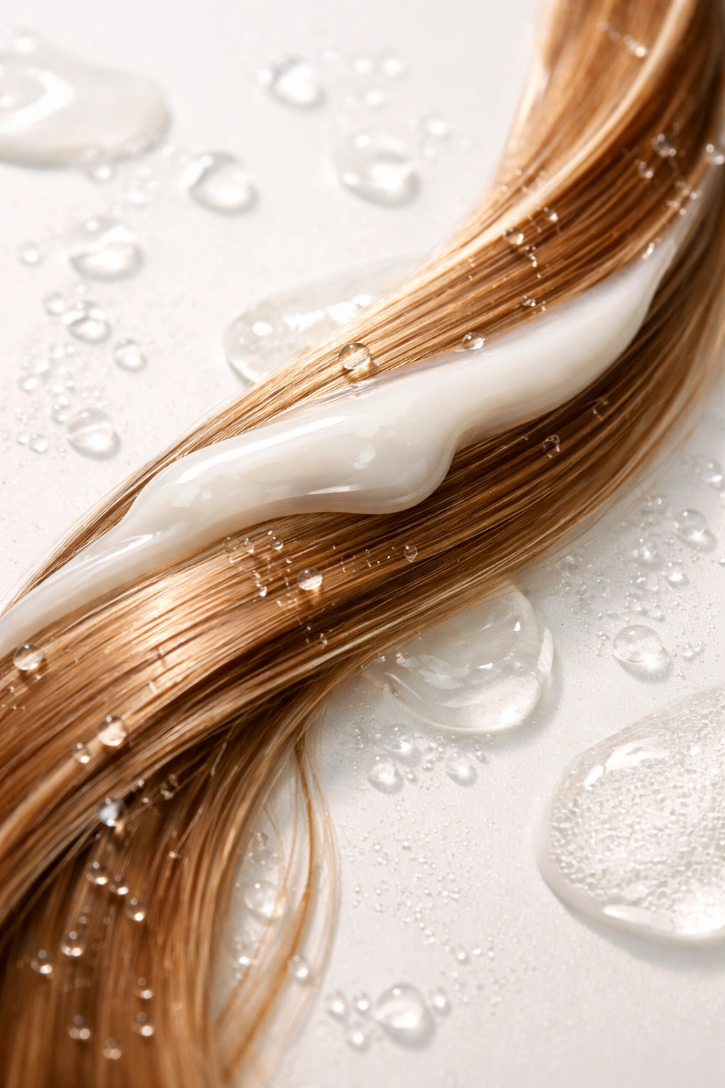 Hair strand with conditioner coating showing post-swim hydration