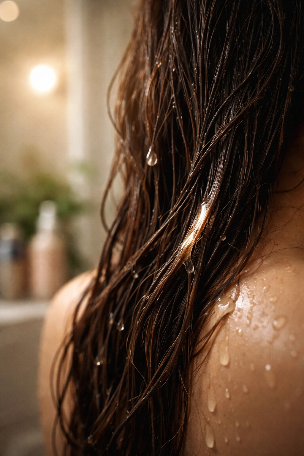 Damp hair with light oil applied after swimming in a bathroom setting