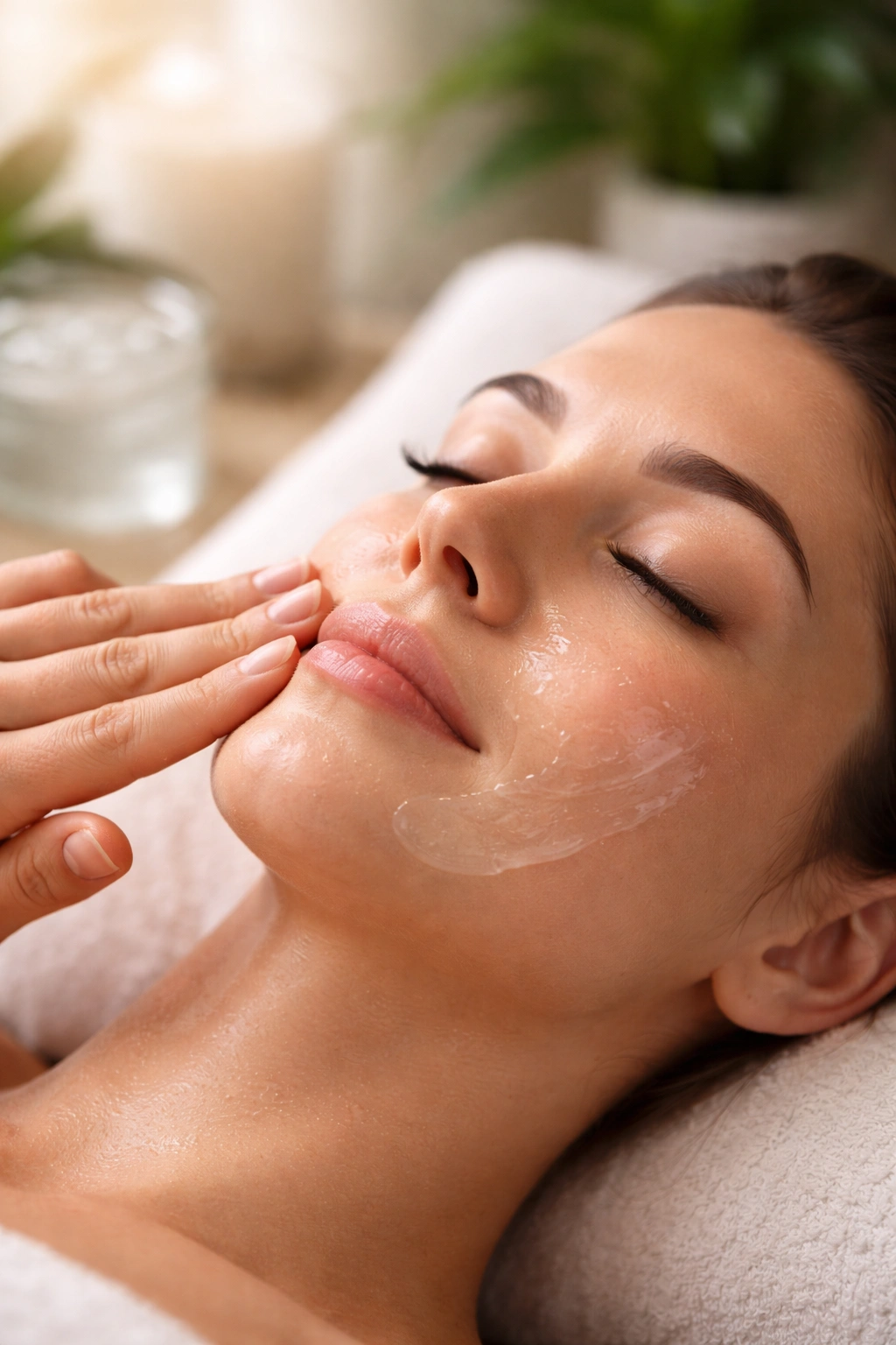 Hand applying soothing gel to treated facial skin