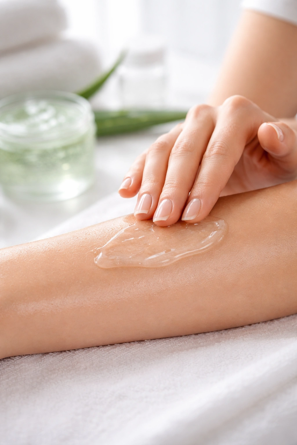 Close-up of hand applying aloe gel to treated skin after laser treatment