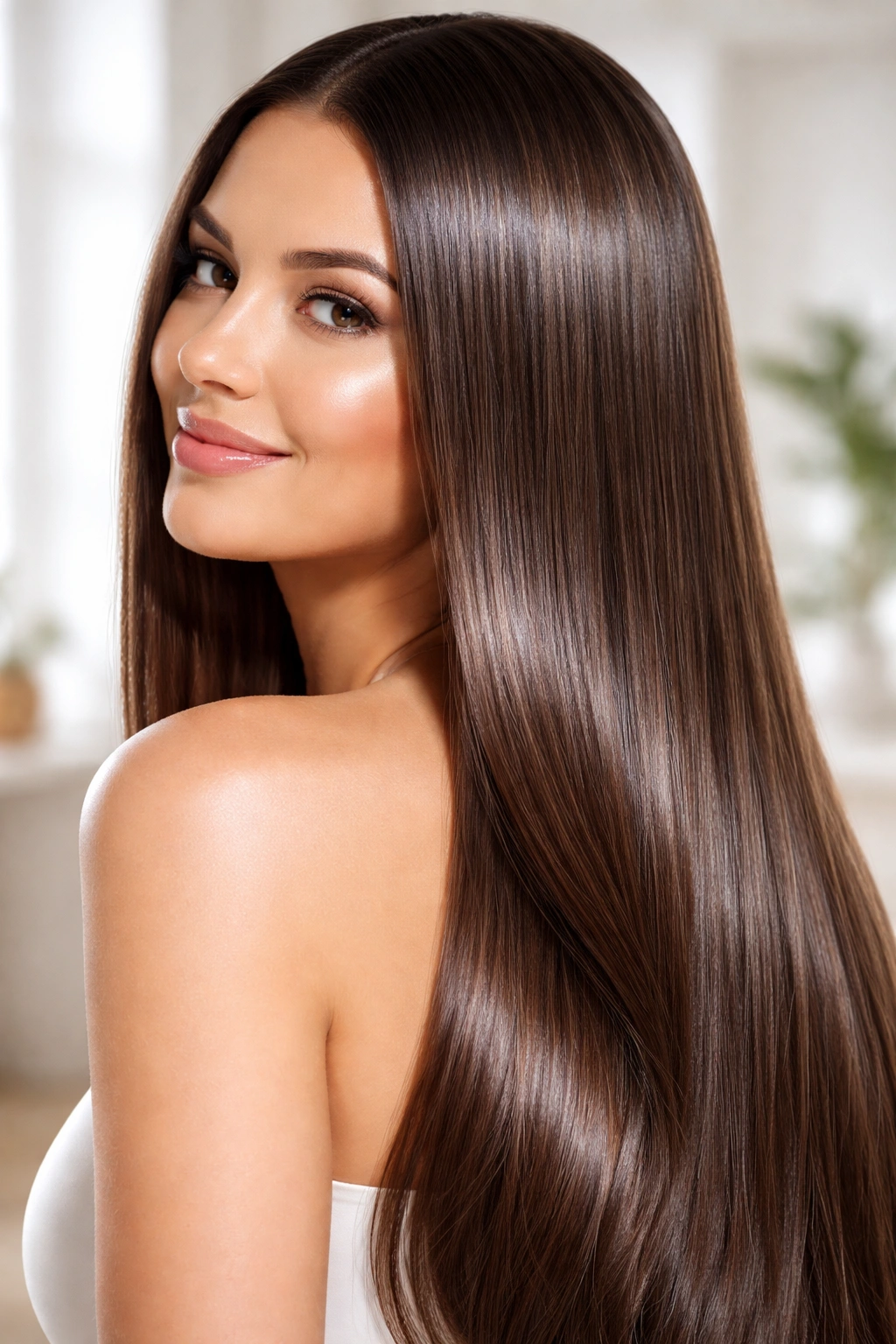 Post-treatment hair with glossy, smooth strands reflecting light