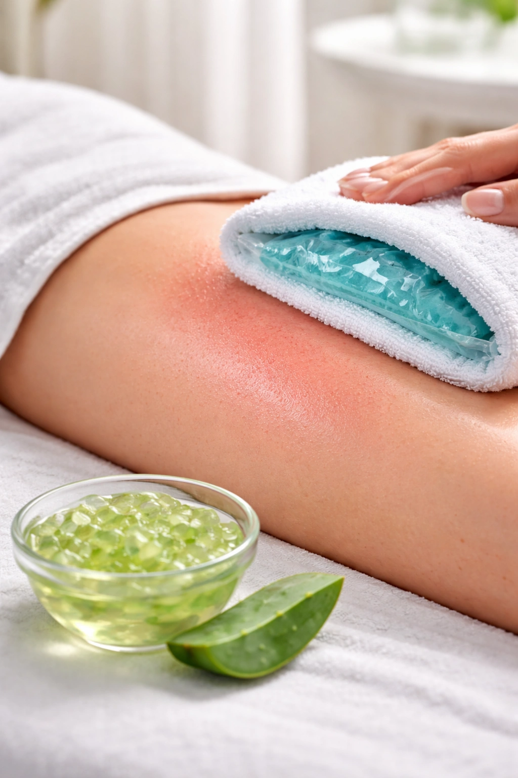 Close-up of reddened skin after laser treatment with a cold compress