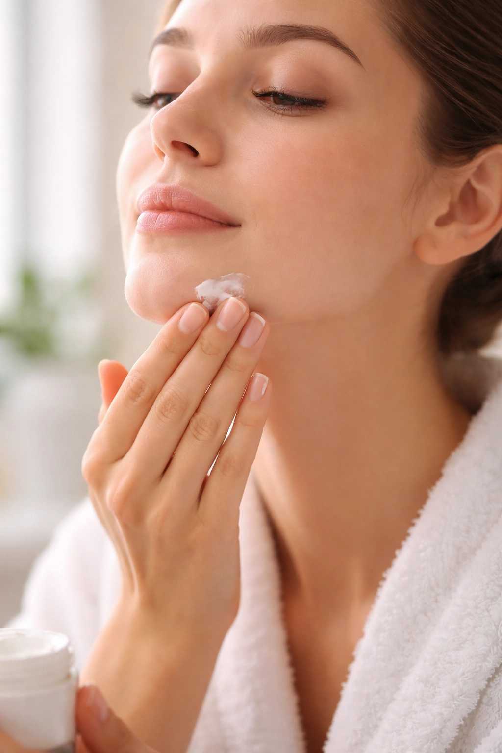 Close-up of chin area during post-treatment skincare with gentle touch