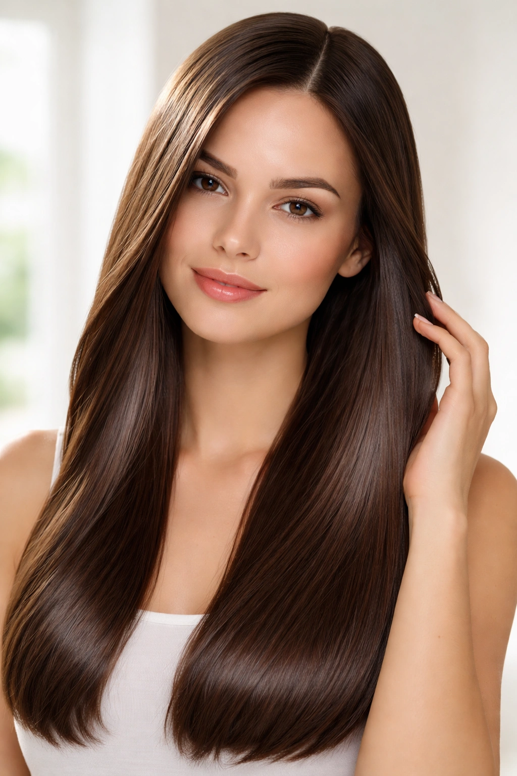 Person with sleek, glossy hair in a bright minimal space after Brazilian Blowout.
