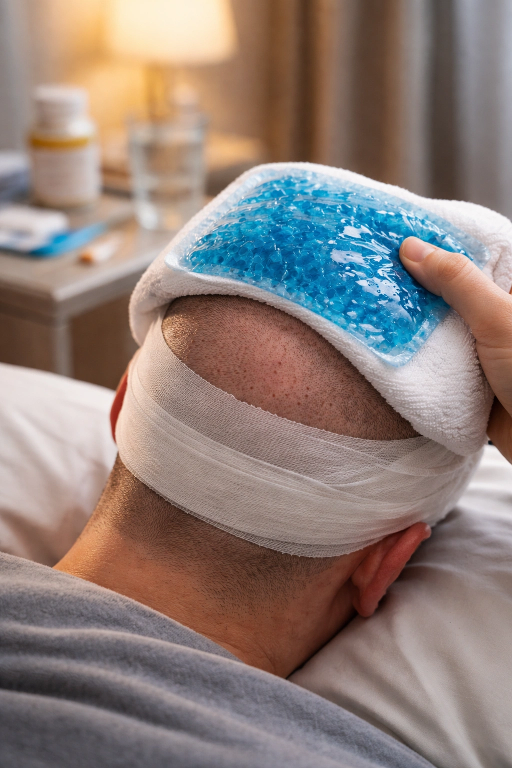 Recovery scene with cooling pack on back of head after hair transplant