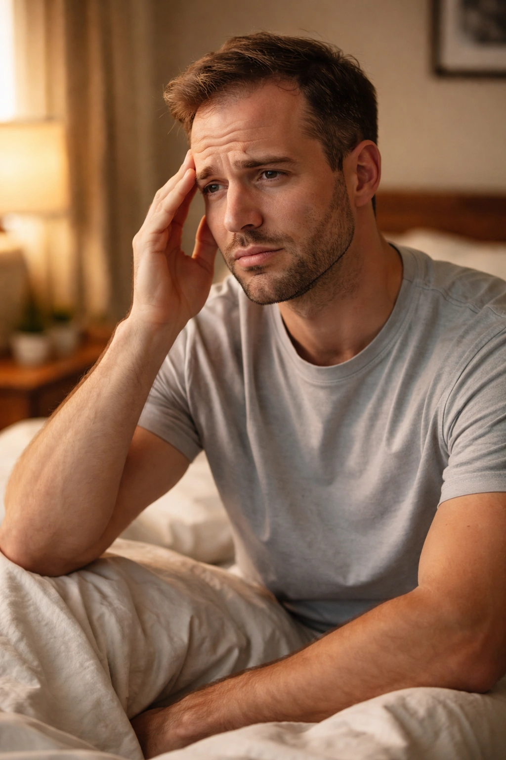 Person in bed with mild discomfort post-op, calm home setting