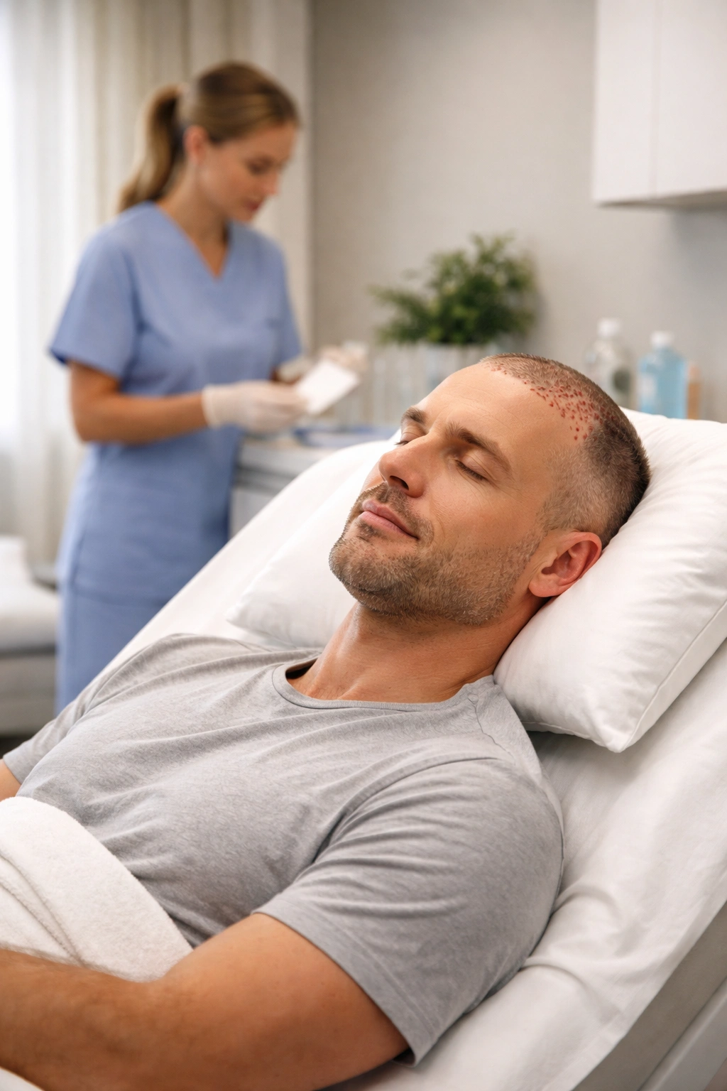 Patient resting post op with head elevated in recovery room