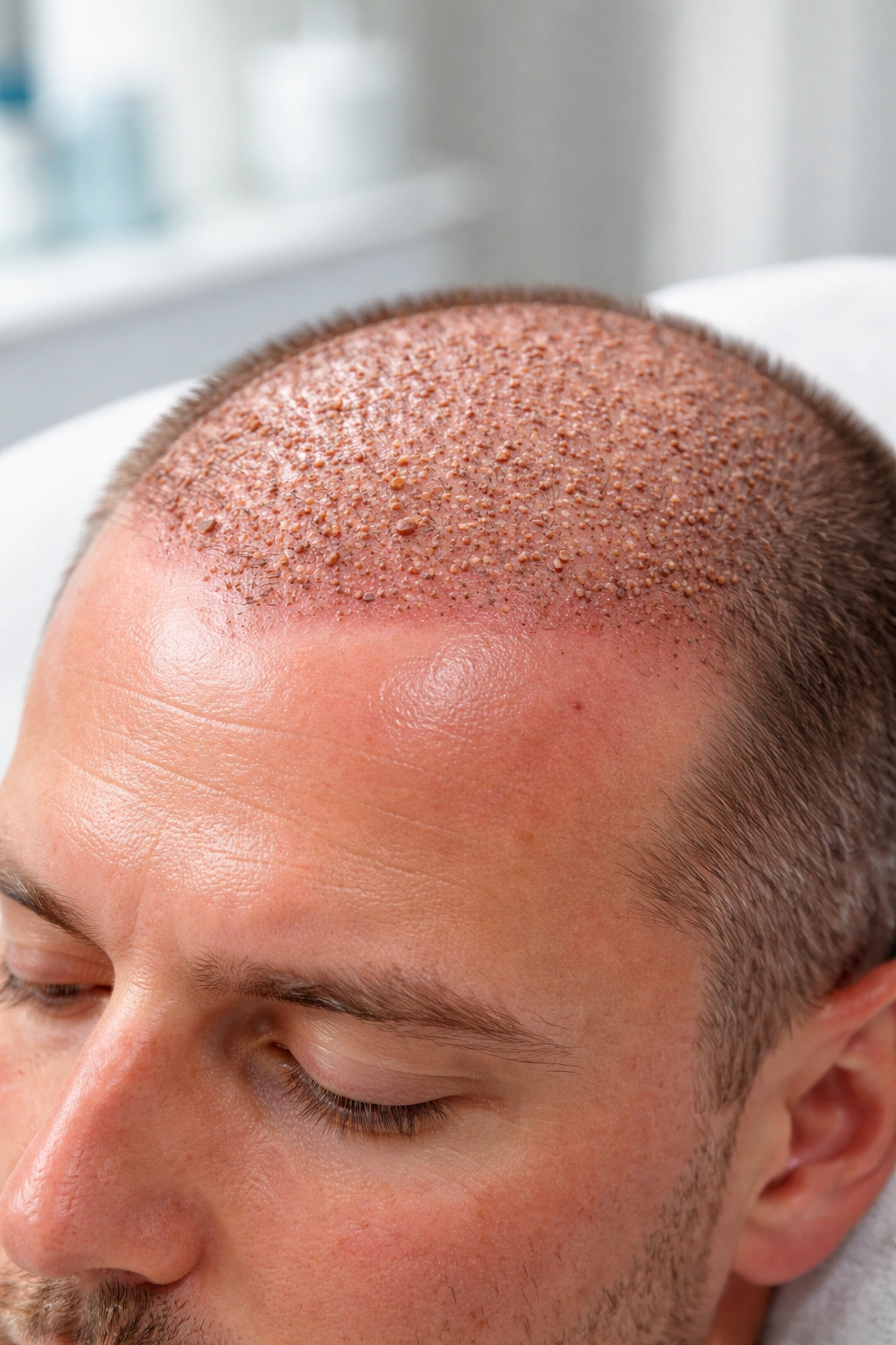 Close-up of post-transplant scalp showing swelling and crusts around grafts