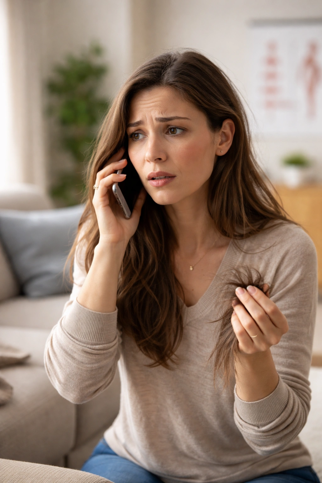 Postpartum woman calling doctor about hair loss in home setting