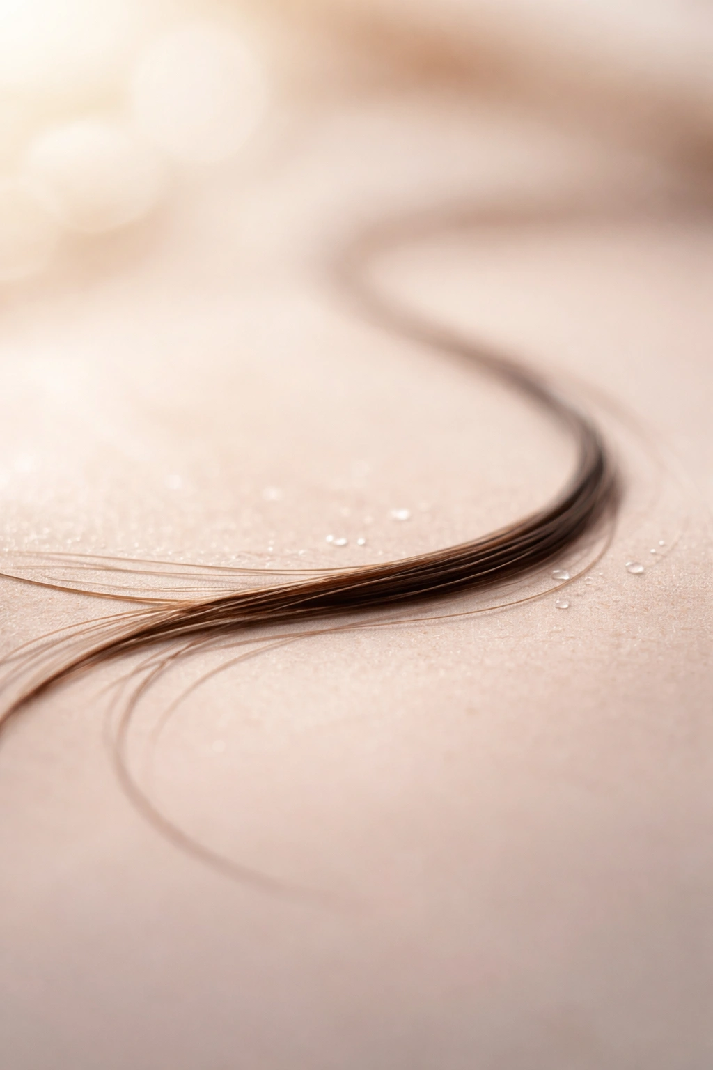Single healthy hair strand on neutral background representing gentle care