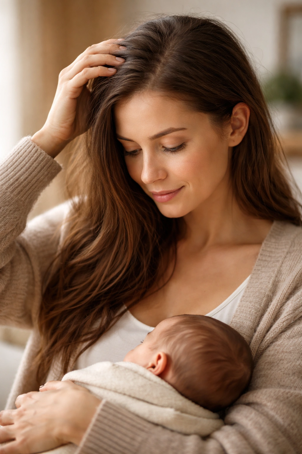 New mother in a soft-lit room touching her hair