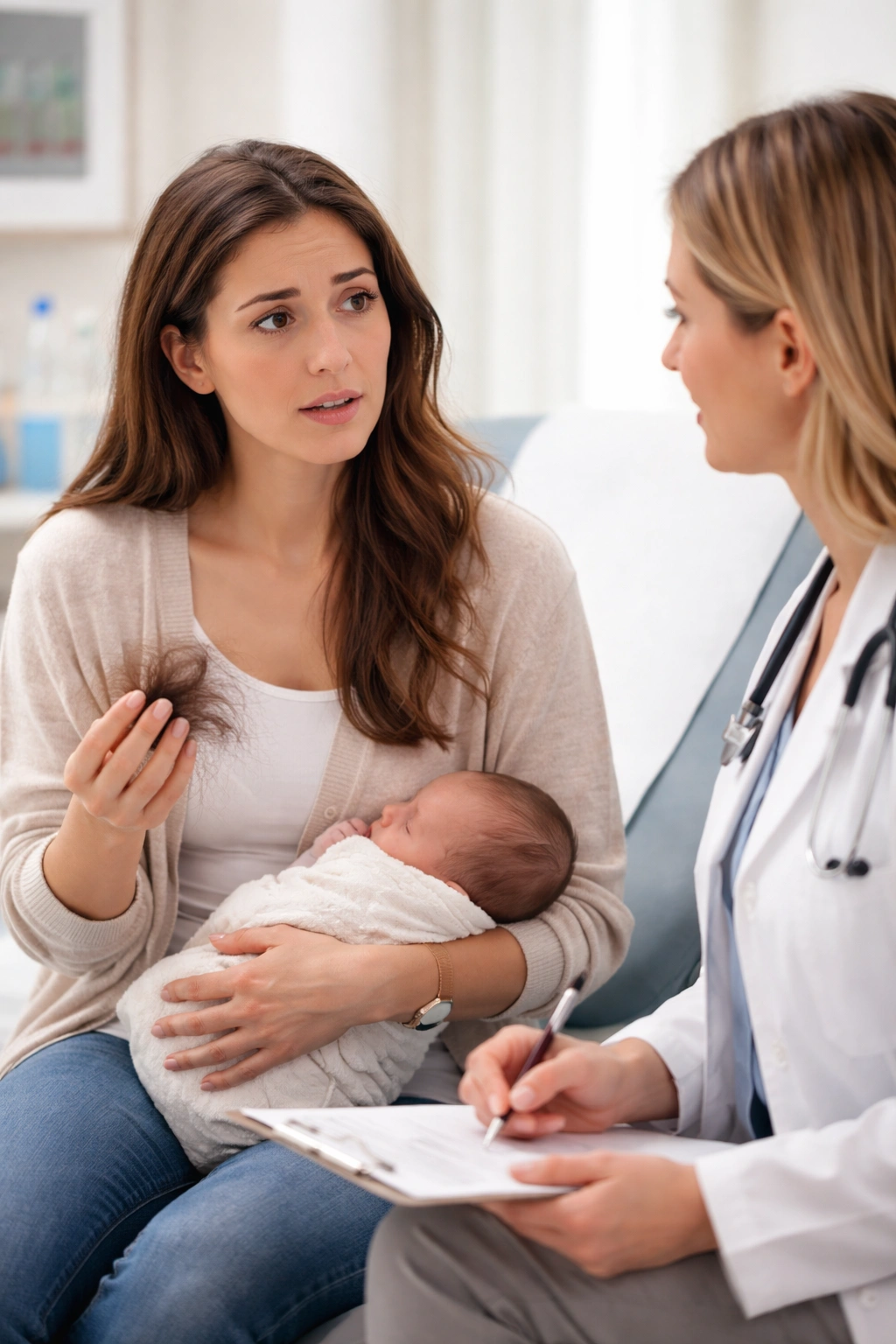 Postpartum hair loss consultation in a clinical setting with a doctor