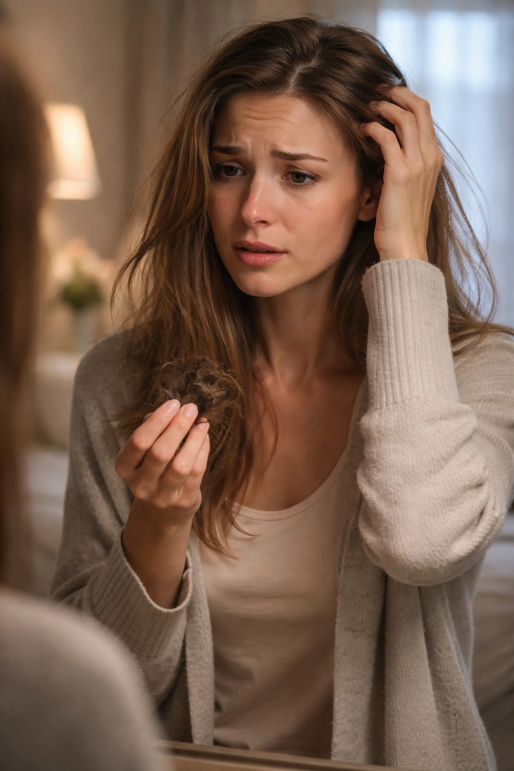 Postpartum woman emotionally processing hair loss in softly lit room