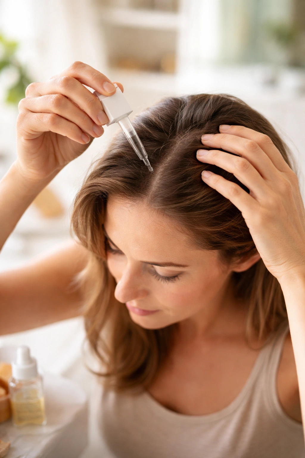 Woman applying postpartum hair loss treatment to scalp in bathroom