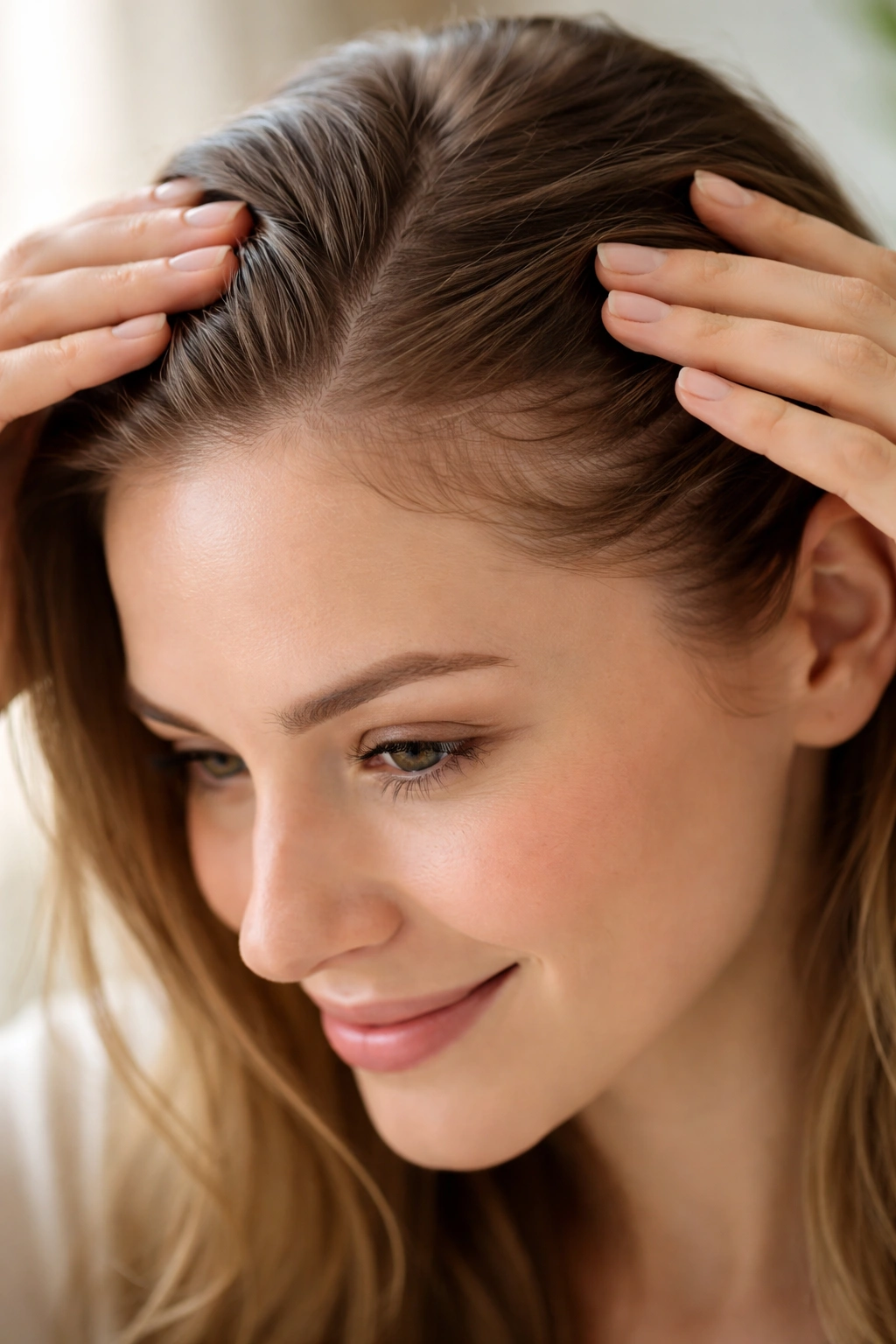 Postpartum hair regrowth showing baby hairs along the hairline