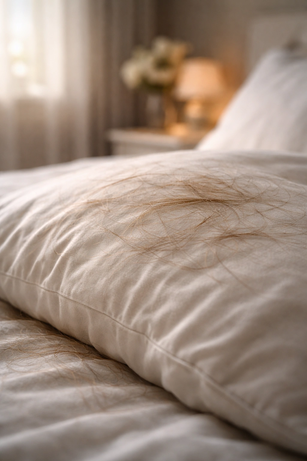 Pillow with shed hair indicating postpartum hair loss