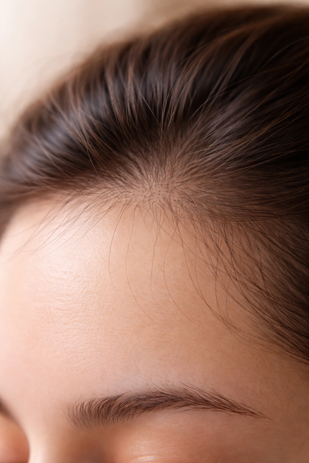 Close-up of scalp showing baby hairs along the hairline indicating regrowth