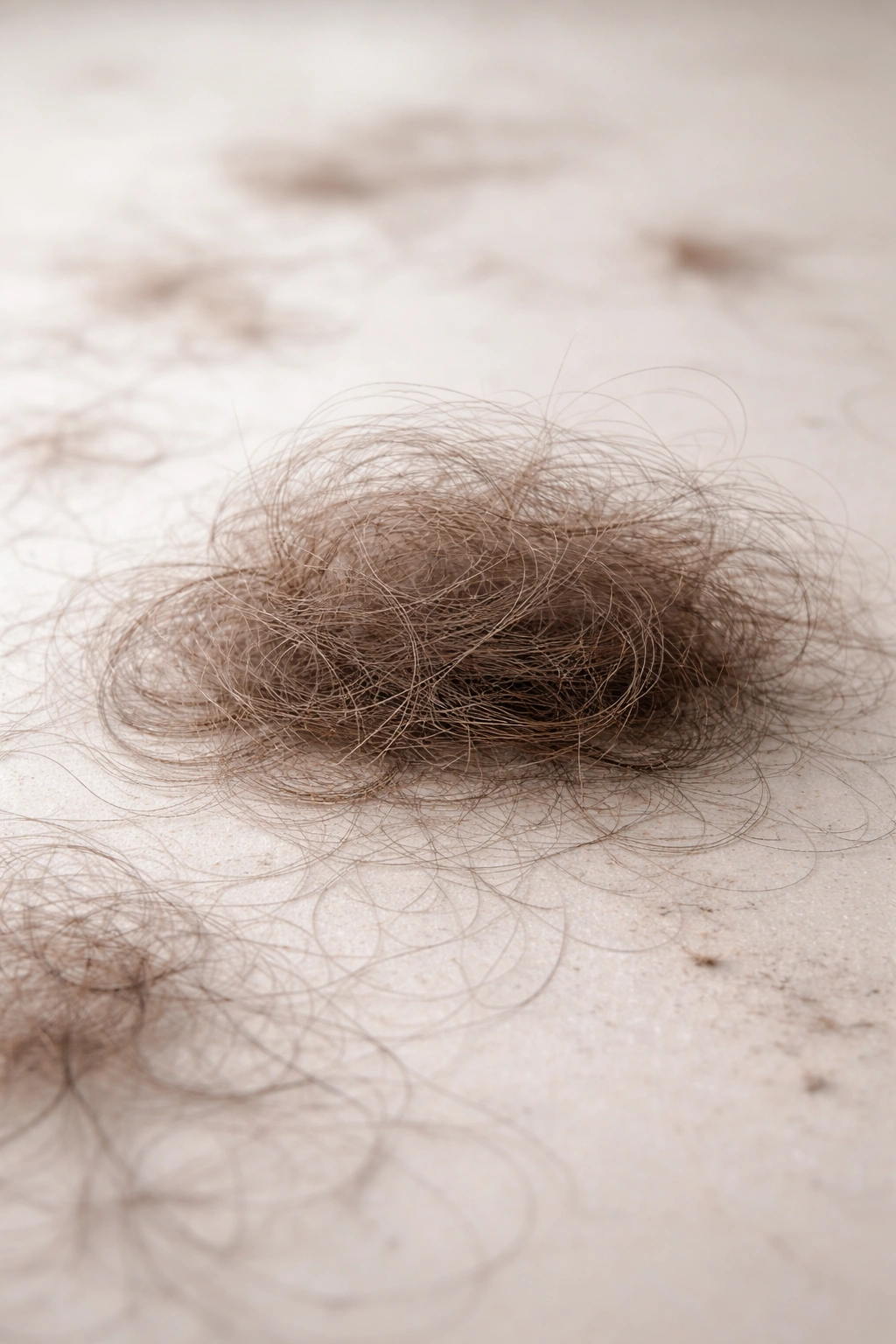 Close-up of dense postpartum hair strands on a neutral surface illustrating peak shedding