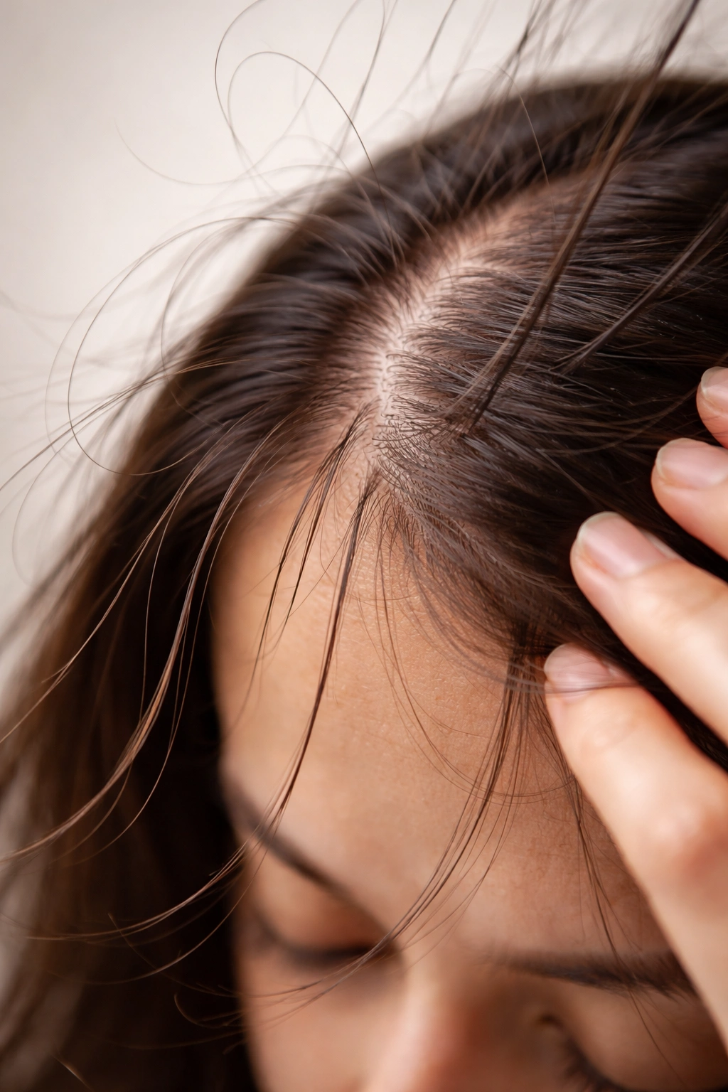 Macro scalp with strands detaching to show postpartum shedding