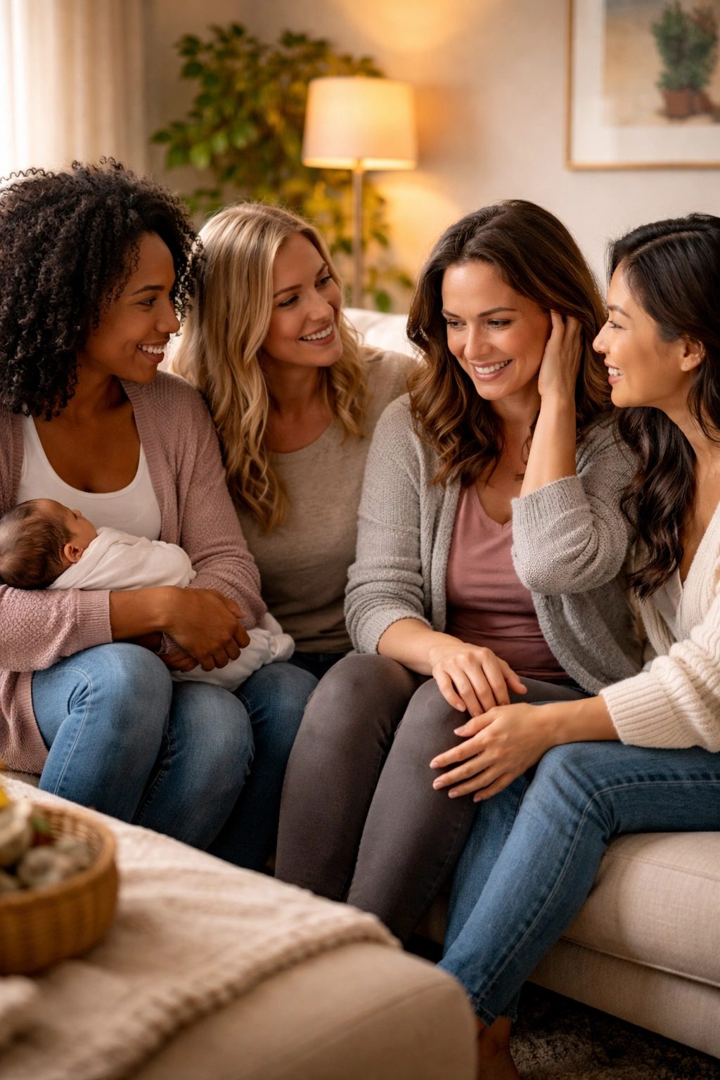Diverse postpartum women in a support group circle