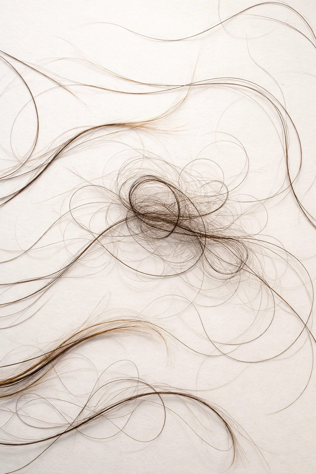 Hair strands at varying lengths on a neutral background illustrating different timelines