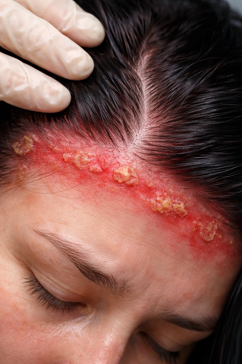 Scalp with red inflamed patches indicating PPD allergy