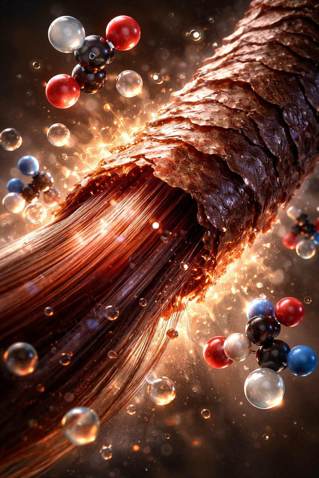 Hair strand cross-section with damaged cuticle and surrounding molecules representing chemical agents