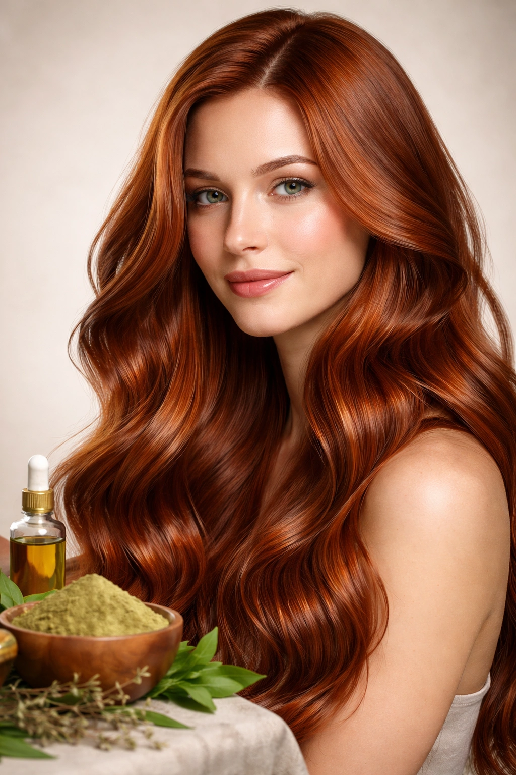 Close-up of hair color showing copper-red tones achieved with PPD-free alternatives in a studio setting