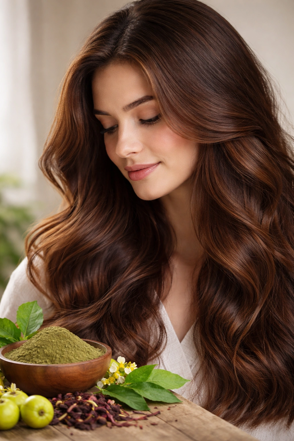 Close-up of natural-looking hair color from plant-based dye