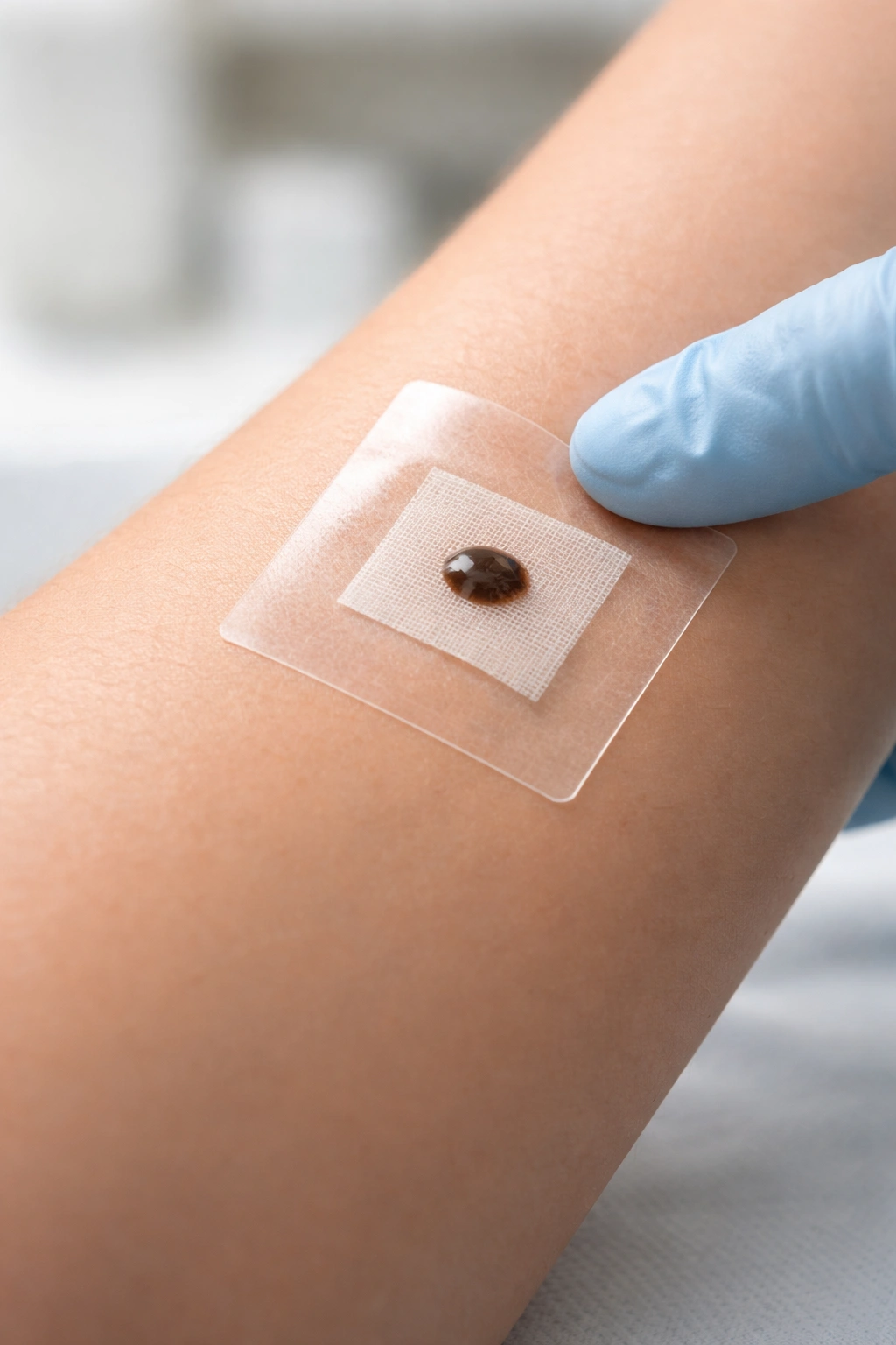 Forearm with patch test for PPD allergy in clinical setting