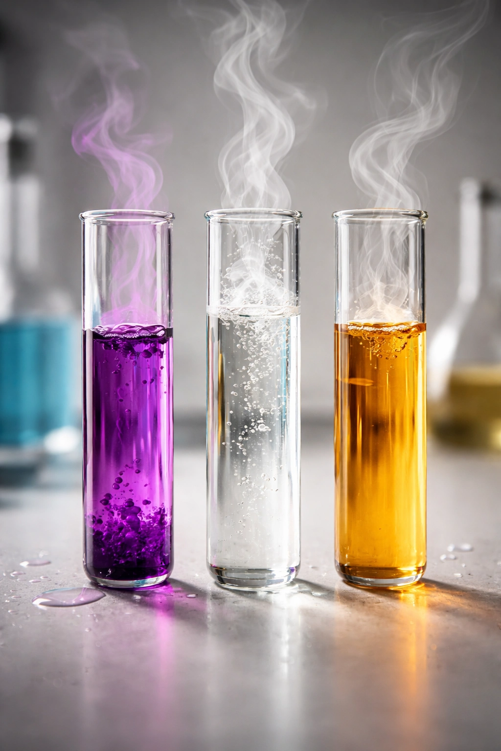 Glass vials with colored liquids and vapors representing dye chemicals