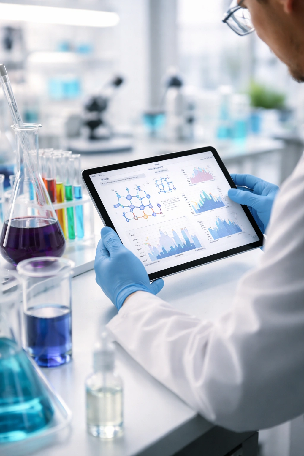 Scientist in a bright lab examining hair dye related research