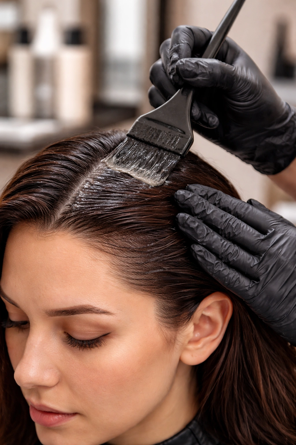 Gloved hands applying hair dye showing PPD exposure risk