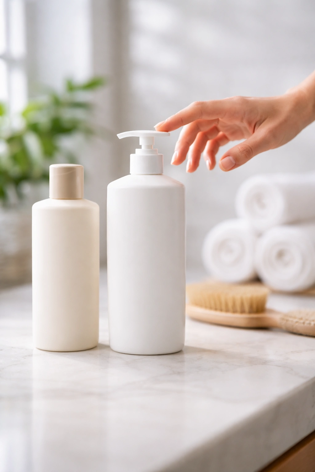 Hand reaching for unlabeled shampoo bottle on bathroom counter