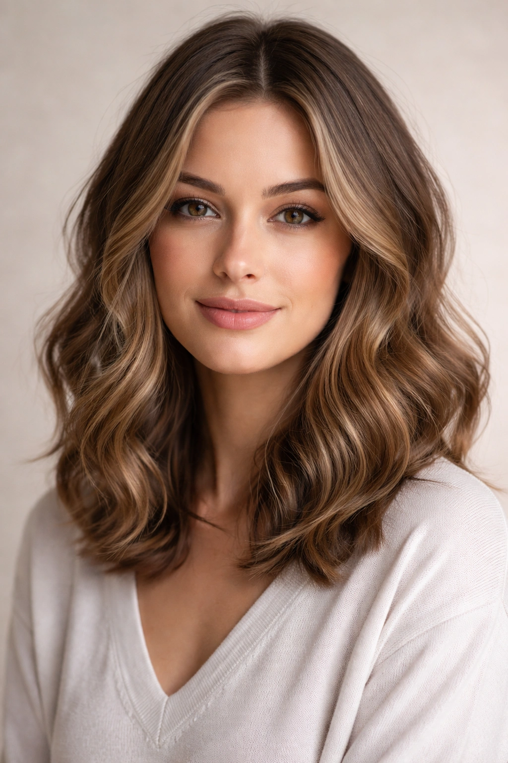 Portrait of a woman with shoulder-length waves in a practical length cut.