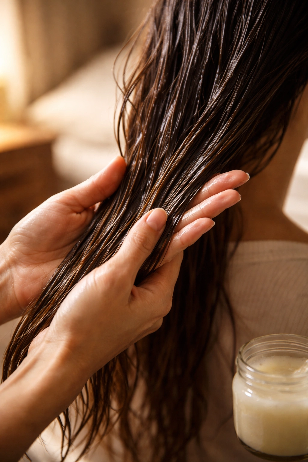 Hands applying coconut oil to hair for pre-bleach prep