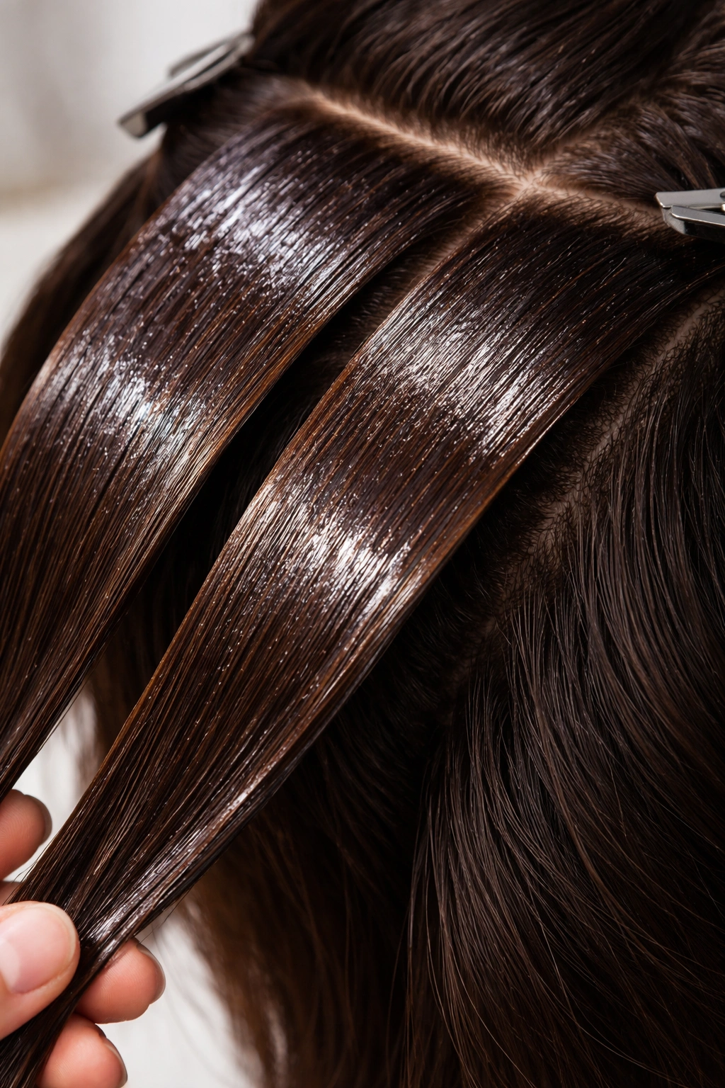 Hair sections with a thin oil layer applied before washing for pre-poo