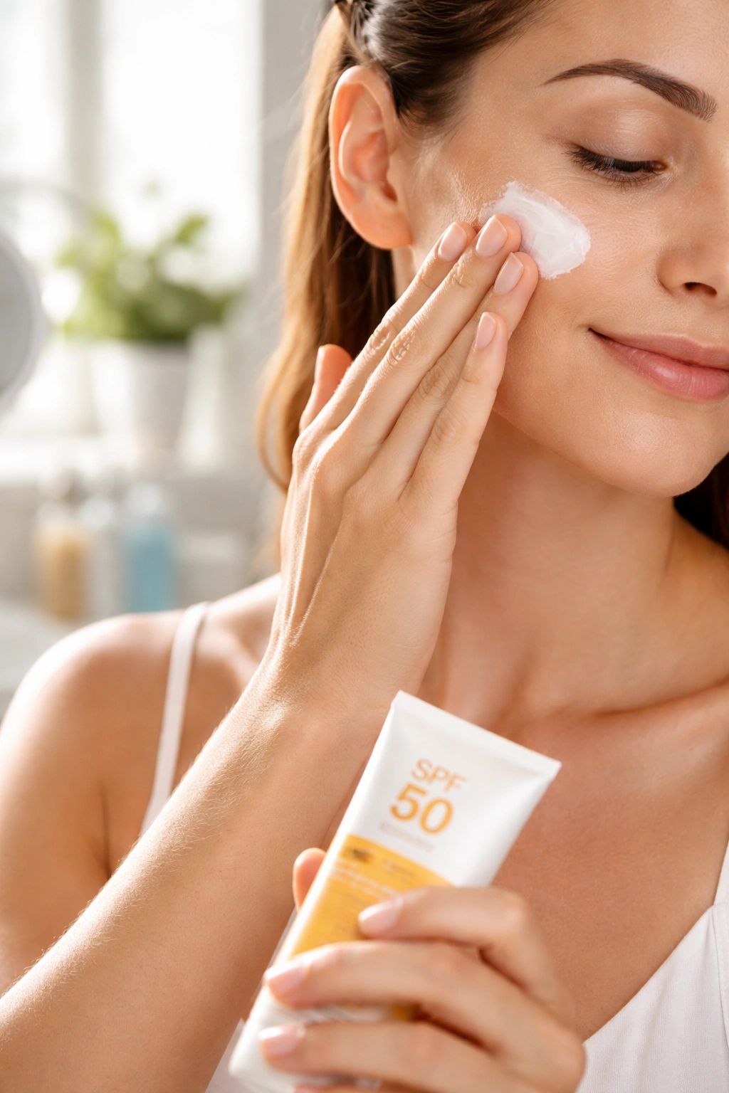 Hand applying sunscreen on treated facial area after laser treatment