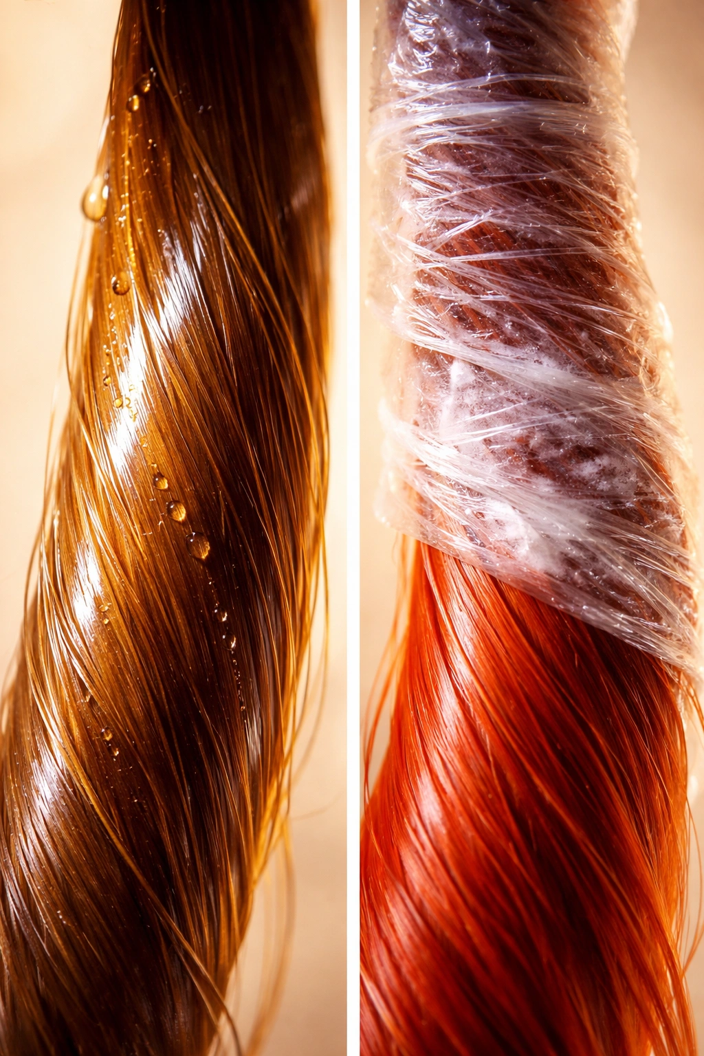 Hair strand coated with protective barrier oil before dye in a soft studio setting
