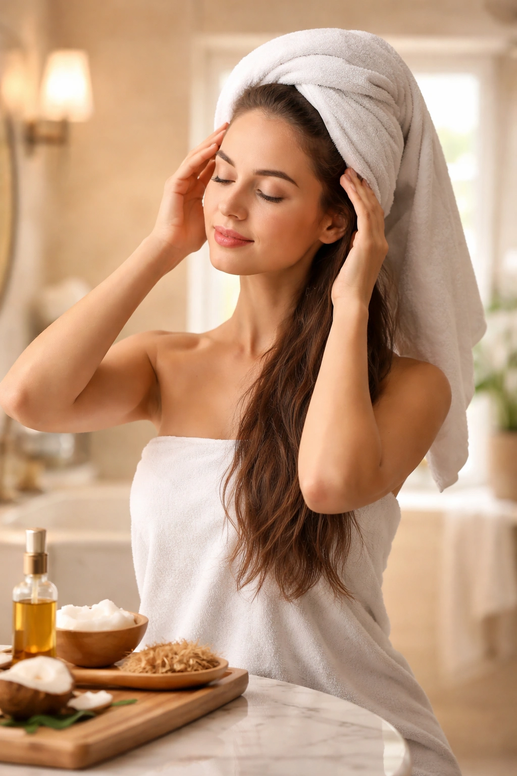 Hair oiled before wash shown with towel and cap in a bathroom setting