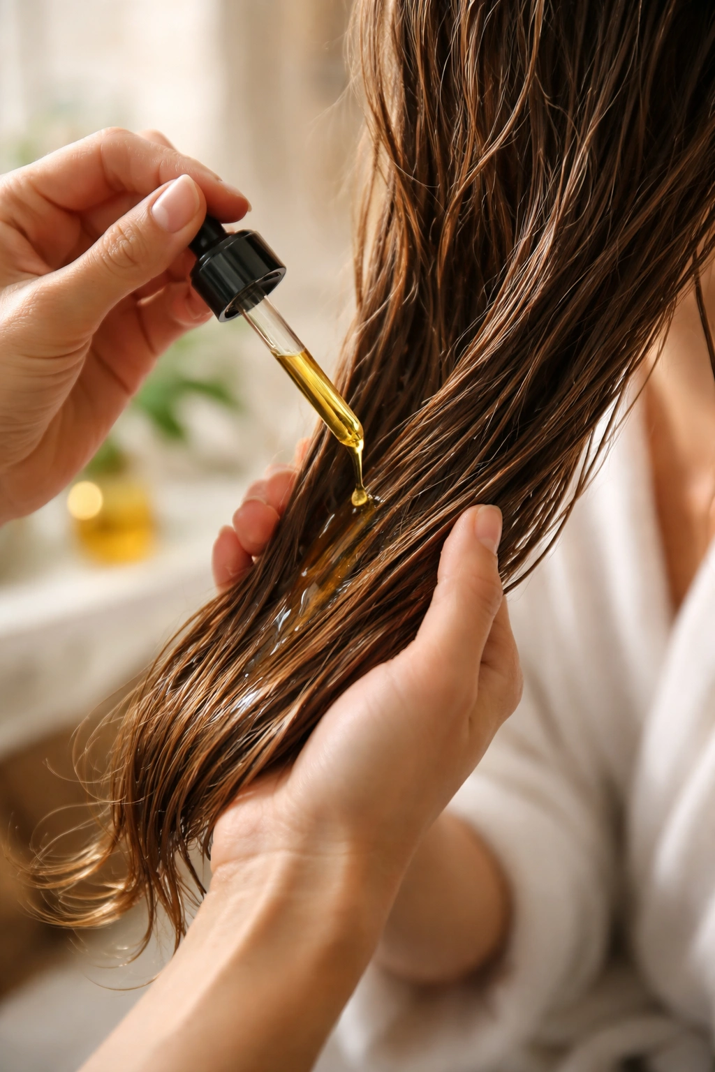 Hands applying oil to mid-lengths and ends of dry hair before washing
