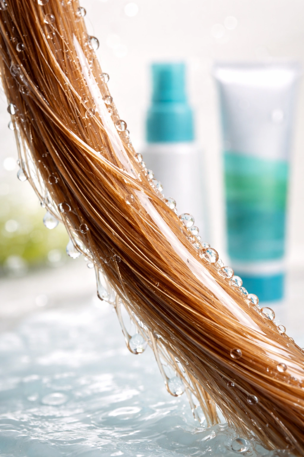 Wet hair with glossy protective coating on strand