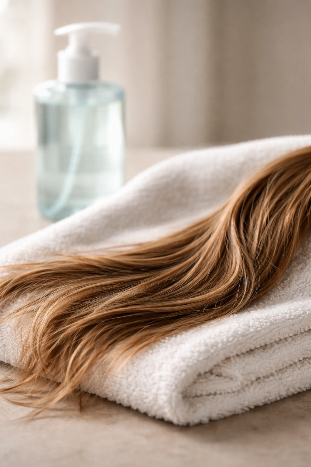 Dry hair on towel with clarifying shampoo bottle in background.