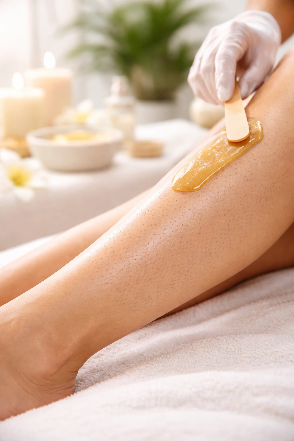 Leg with short hair growth in clean spa setting