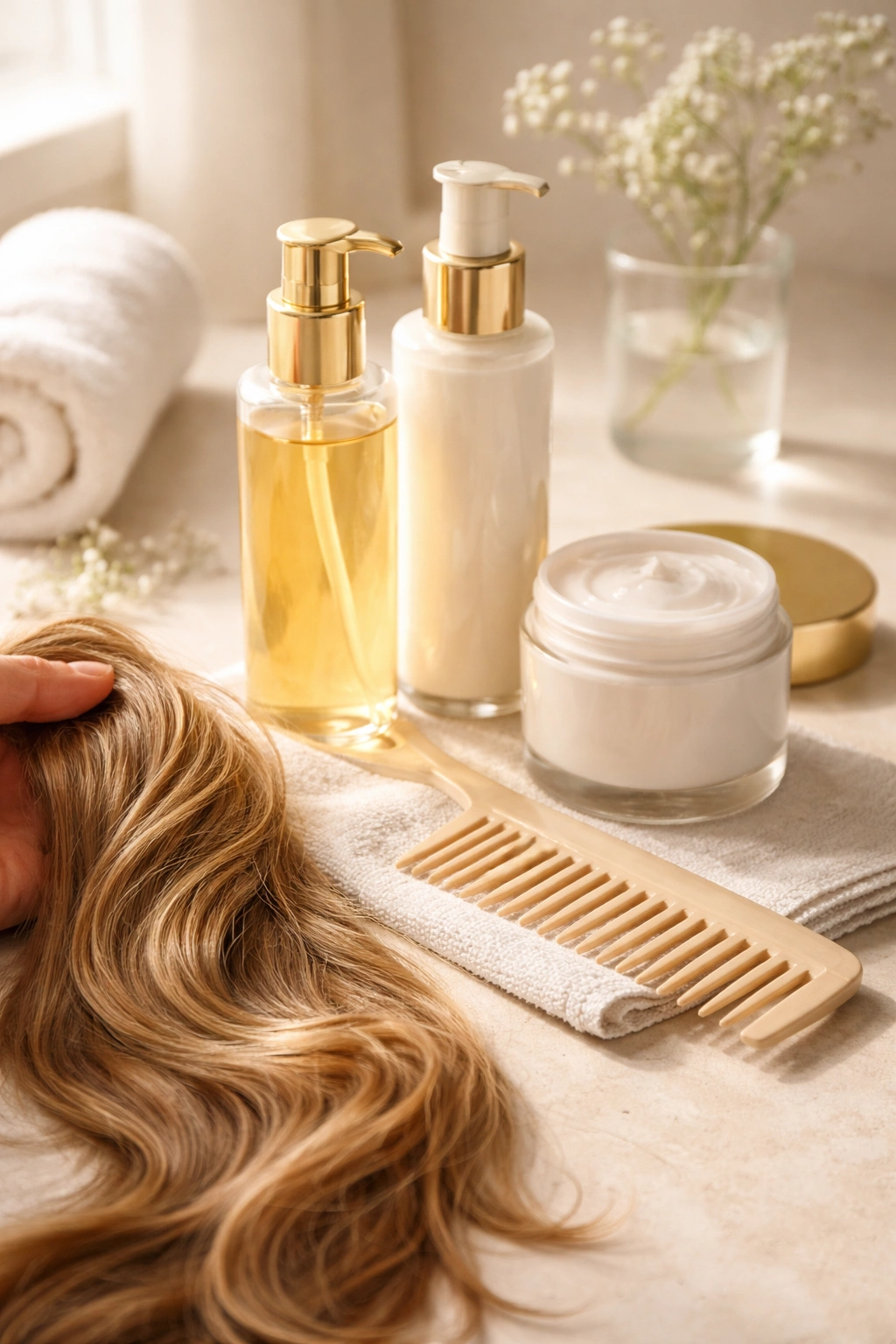 Hydrating hair care prep with products for bridal styling.