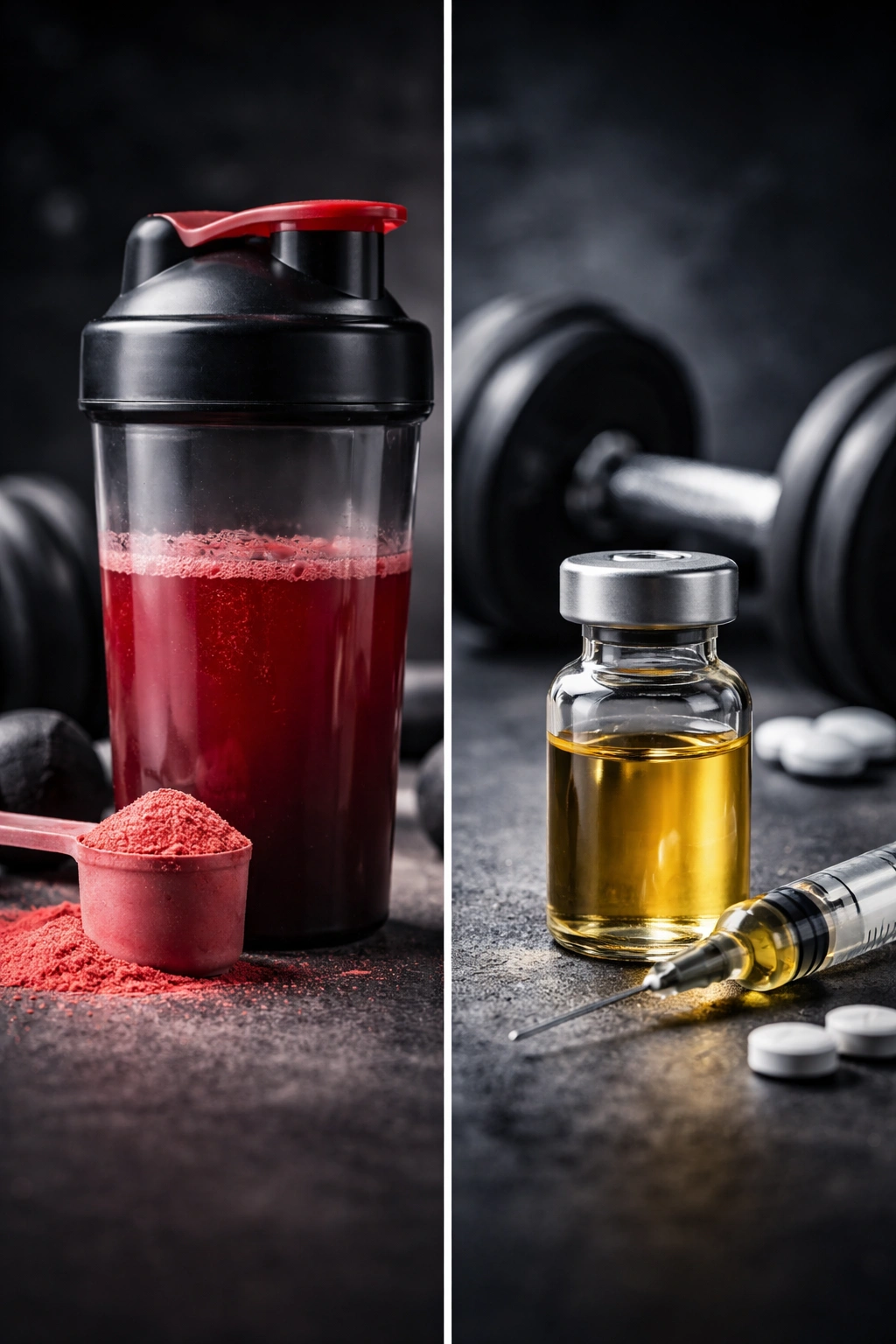 Split-frame image showing two unlabeled containers representing pre-workouts and steroids distinction